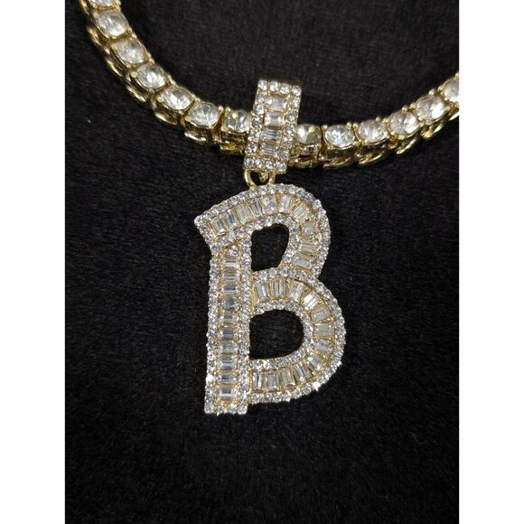 Gold Tone Rhinestone Baguette Tennis Necklace Initial Letter B Pendant BLING - Picture 5 of 14